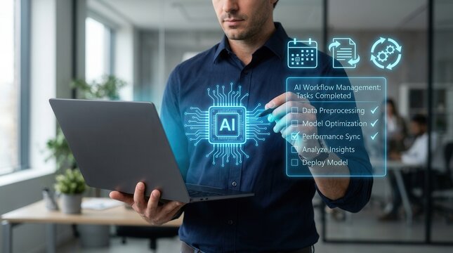 Professional managing digital document checklists and smart scheduling via holographic AI interface.