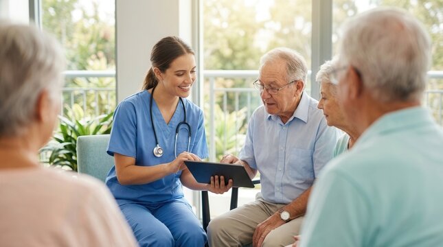 Professional nurse providing education and care to elderly patients during home rehabilitation.