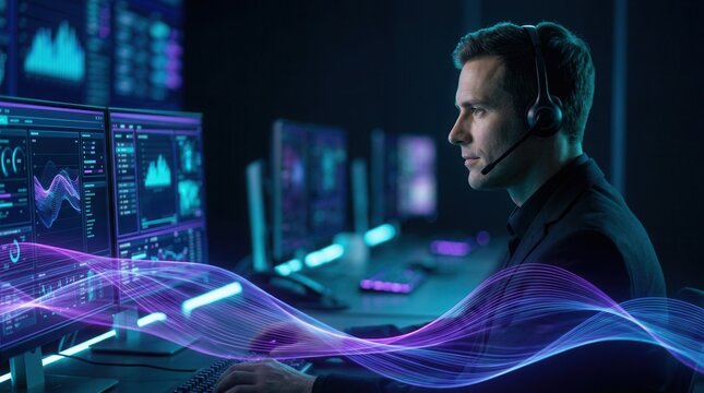 Professional team members working in a dark high-tech control room.