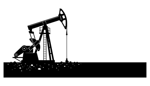 Industrial oilfield landscape banner with silhouette of a single crude oil pumpjack machine working on ground horizon
