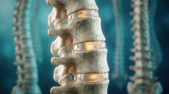 Realistic 3D illustration of the human spinal column with vertebrae and intervertebral discs.