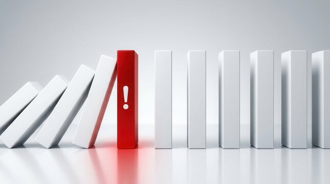 Red warning exclamation domino stopping falling white blocks for risk management.