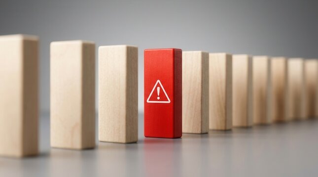 Red wooden block with a warning triangle symbol standing out in a line of beige blocks for business risk and error detection.
