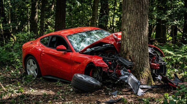 Red sports car crashed into a tree in a dark forest