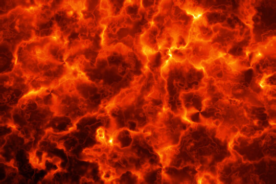 Bright orange and red lava texture with hot glowing magma patterns flowing in a dark volcanic abstract background view