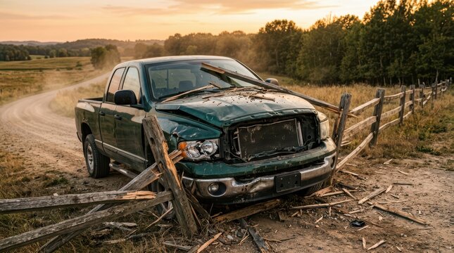 Damaged black pickup truck crashed into a wooden fence on a rural road during a cloudy evening