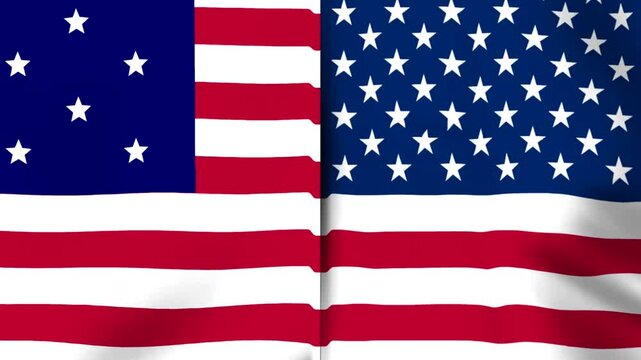 Historical thirteen star American flag next to the modern fifty star United States of America flag