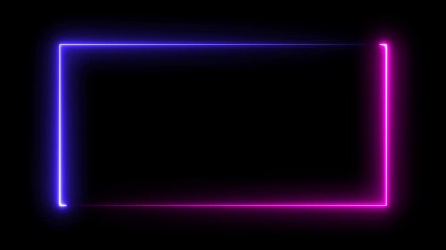 Neon rectangle border. Abstract glowing neon rectangle loading on black background, Abstract neon studio background, rectangular frame made of two moving neon lights overlay, seamless concert wall 4k