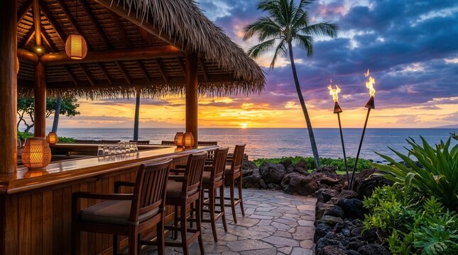 Tropical beach bar at sunset with tiki torches and ocean views.