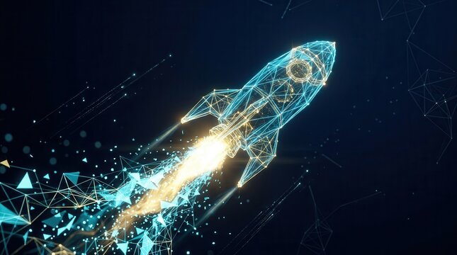 Vibrant rocket blasting off into the digital cosmos for technological advancement.