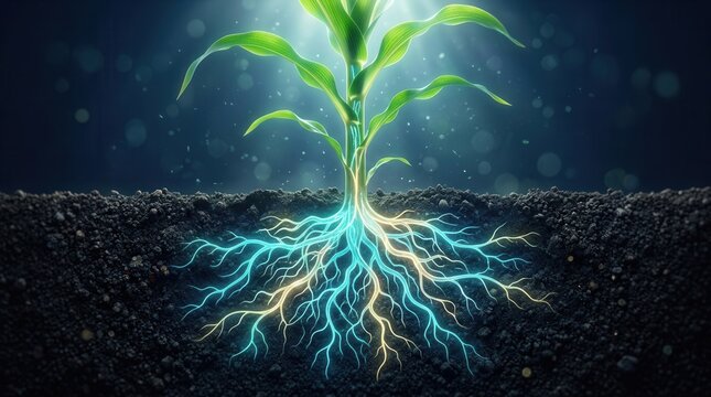 Vibrant corn plant with glowing roots showcasing life and energy.