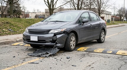 Naklejka premium Grey sedan car damaged after a road accident parked on a city street with broken bumper and debris on the asphalt road surface