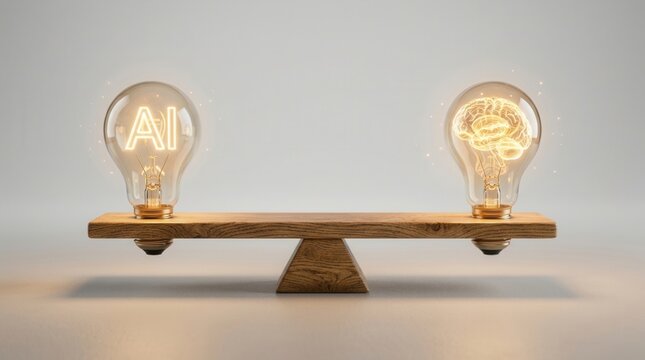 Wooden seesaw balancing artificial intelligence and human brain lightbulbs for synergy.