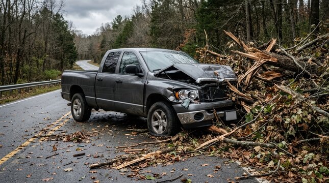 A damaged pickup truck crashed into a large tree on the side of a country road after a severe traffic accident with heavy debris scattered across the asphalt surface