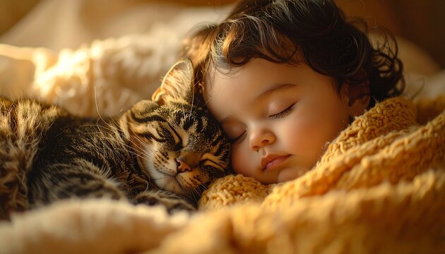 赤ちゃんと猫が寄り添って眠る朝の光とニット毛布