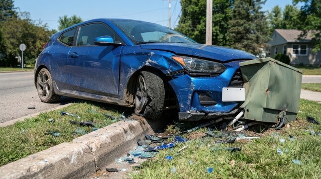 Blue car involved in a road accident crashed into a metal utility box on the side of a suburban street