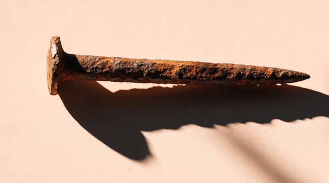 Single old rusted nail lies on peach background. Close up of corroded metal object with heavy texture, patina. Vintage iron hardware shows decay, aged industrial look. Minimalist composition for