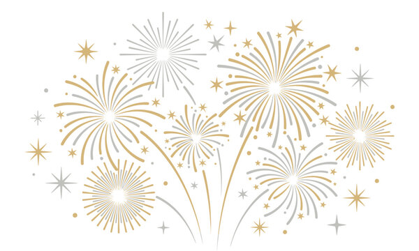 Golden fireworks display vector illustration, festive silver starburst elements, elegant holiday celebration background for invitations