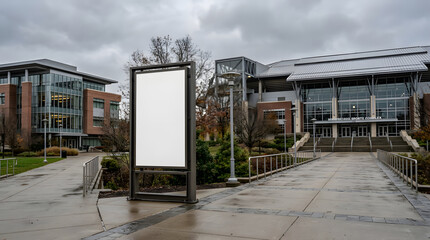 Naklejka premium Blank vertical billboard mockup on a modern university campus walkway