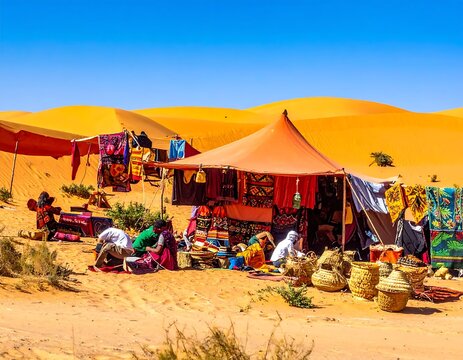 Nomadic desert market stall in the Sahara dunes.