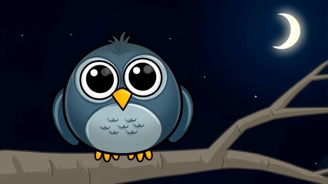 A cute cartoon owl with large eyes sits on a tree branch at night under a crescent moon, blinking and closing its eyes to sleep.