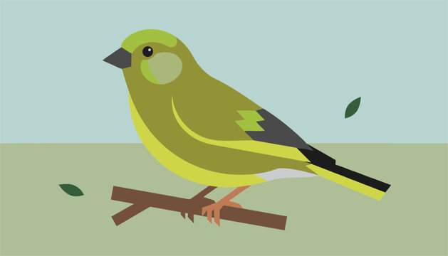 Small green finch bird perched on a dry tree branch with autumn leaves falling against a light blue sky.