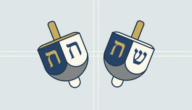 Traditional jewish dreidels for hanukkah celebration spinning on a light blue background with thin lines.
