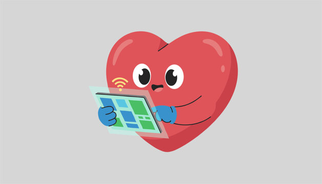 Cheerful red heart cartoon character using a futuristic digital tablet with wireless signals on grey background.