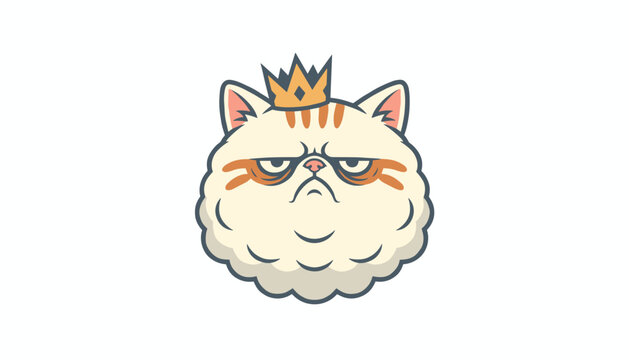 Grumpy and angry looking fat white cat wearing a small golden crown on its head isolated on white background.