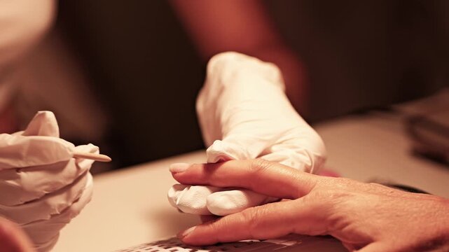 Professional manicurist pushing back cuticles during manicure treatment