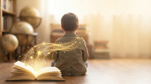Boy reading magic book with golden stars and sparkles
