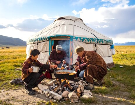 Nomadic family cooking food over an open fire in front of a traditional yurt in the Mongolian steppe.