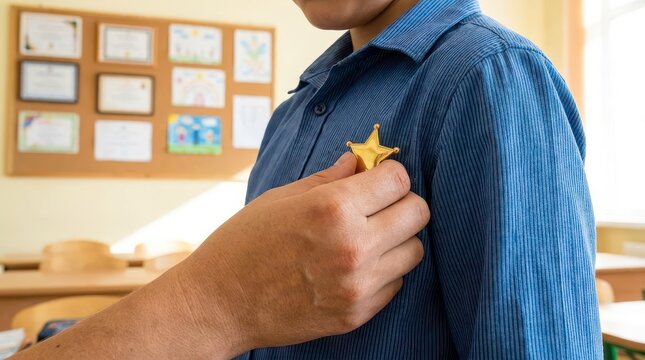 Teacher pinning gold star badge on proud student in classroom

