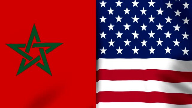National flags of Morocco and the United States of America wavy fabric texture design