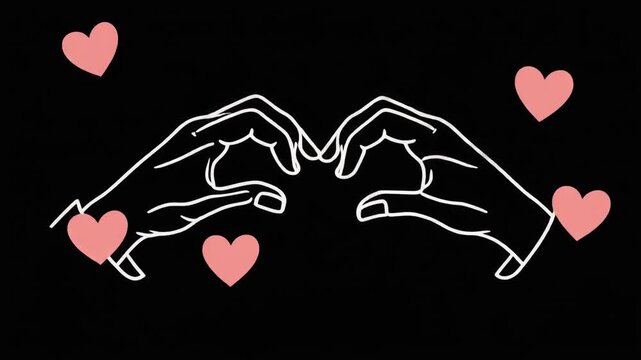 hands forming heart shape with floating love icons, black background