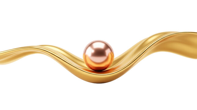 Metallic rose gold sphere on flowing golden ribbon, elegant 3d abstract wave, luxury jewelry background on white