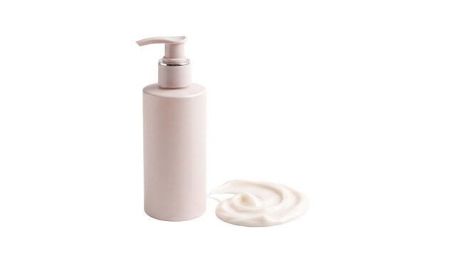 Minimalist pink cosmetic pump bottle, blank skincare container with cream smear, elegant beauty product mockup on white background