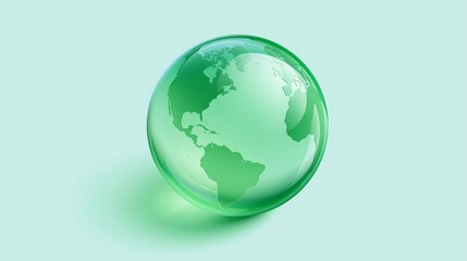 Fototapeta premium Translucent green crystal glass globe with 3D continents on a minimalist pale green background