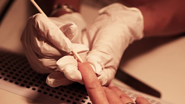 Manicurist pushing cuticles during a manicure session