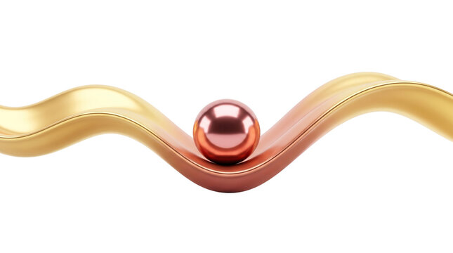 Metallic gold wave with rose gold sphere, abstract 3d liquid ribbon, elegant flowing metal shapes on white background