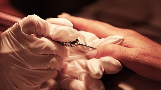 Professional manicurist preparing nail cuticle with electric file