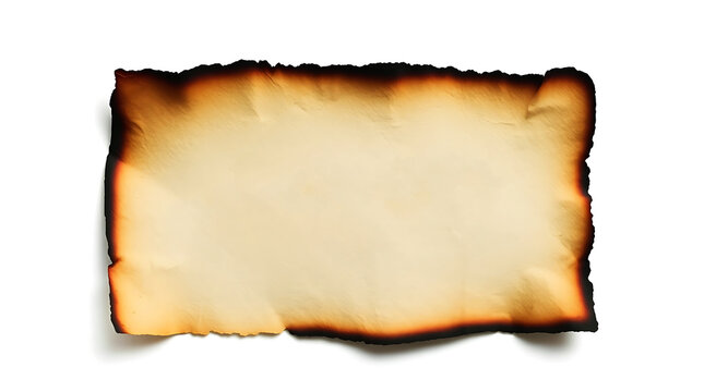 A piece of old parchment paper with burnt edges isolated on white background
