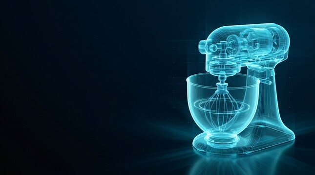 Kitchen stand mixer appliance illustrated as a blue glowing digital wireframe holographic model with appliance hologram wireframe technology abstract projection