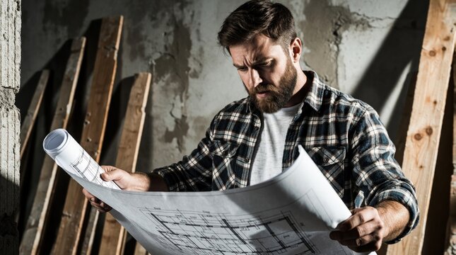 Man with beard looks at house blueprints with angry expression. Construction worker studies plans amid wood beams, concrete walls. Building project review causes stress, frustration for contractor.
