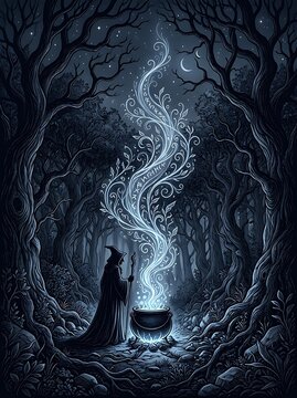 An eerie halloween night a mysterious witch brews a spell within a dark and twisted forest surrounded by ancient trees