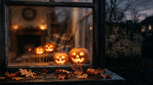 Halloween Jack-o'-lanterns on windowsill with candlelight glow
