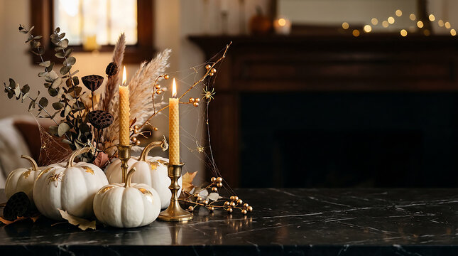 Elegant Halloween Decor with Pumpkins and Candles for Festive Atmosphere