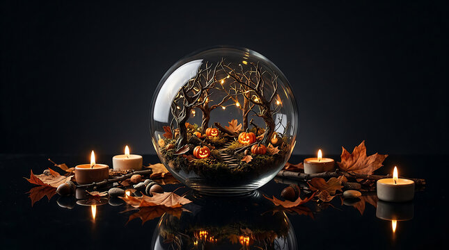 Elegant Halloween Crystal Ball with Candles and Autumn Leaves