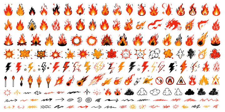 Cartoon fire and lightning vector icons set, comic explosion and flame elements, hand drawn game design assets