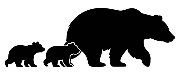 Black silhouette of a large grizzly bear walking with two small bear cubs following closely behind, isolated on a white background, for nature © Abdus